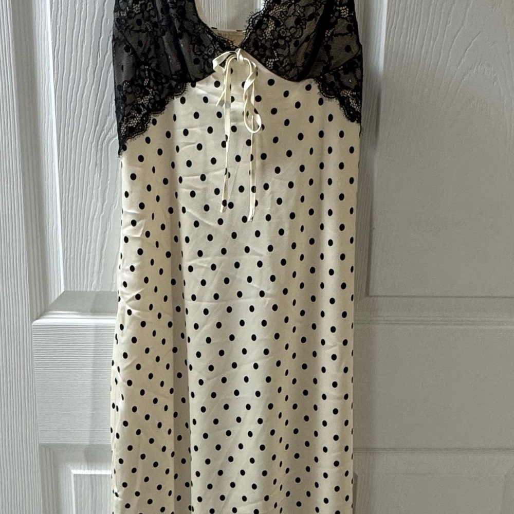 Elegant Black and Cream Polka Dot Lace Midi Dress